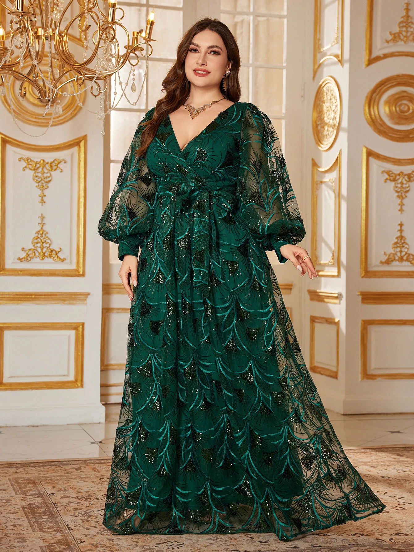 UNITHORSE حجم كبير المرأة العميق فانوس على شكل حرف v كم لامع الترتر Cinched محرك الخصر حتى فستان الحفلات المسائية الرسمية #1