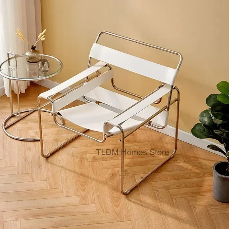 Light Luxury Leisure Style Lazy Sofa Design Saddle Leather Stainless Steel Single Leisure Sofa Chair Home Dining Chair