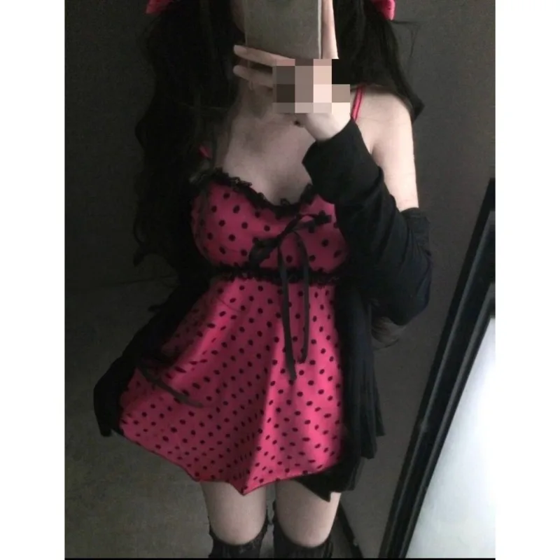 Ancient Millennial Subculture Shibuya Spice Girl Vintage Cute Polka Dot Top Black Skinny Cardigan Two-piece Set Spring Summer