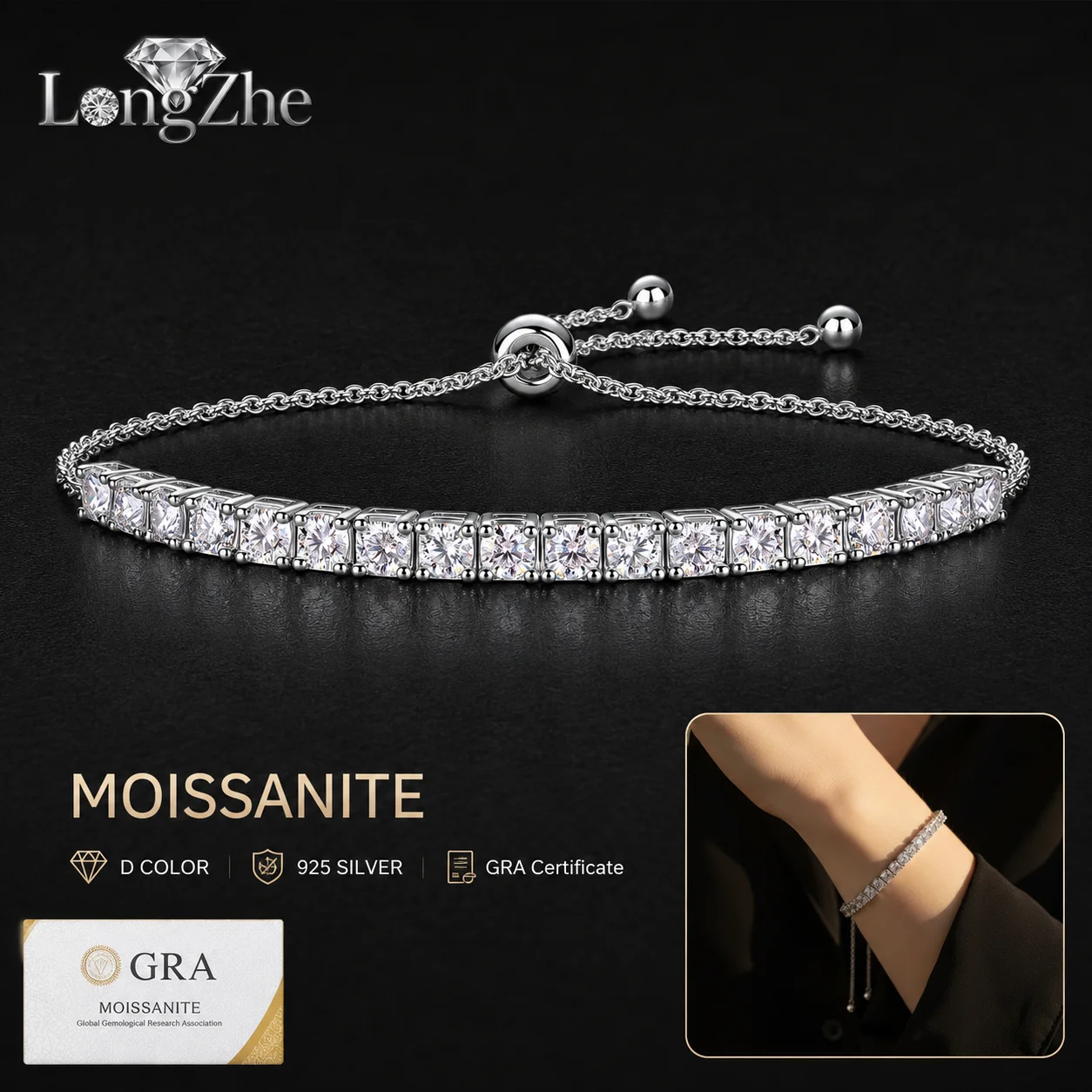 

S925 Sterling Silver Moissanite Tennis Bracelet 3-5mm Round Cut Adjustable Chain for Women Anniversary Fine Jewelry Gift