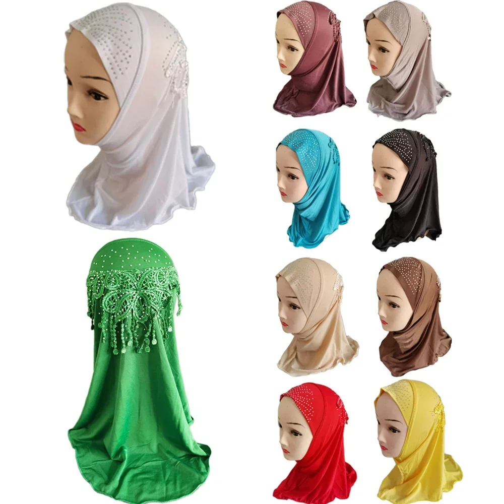 12pcs Muslim Kids Girls Tassels Rhinestone Hijab Islamic Scarf Shawls Beautiful Drill for 2 to 6 years old Girls Arab Scarf