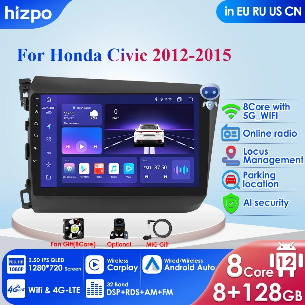 

For Honda Civic 2012 2013 2014 2015 Android 12 Carplay Car Radio Multimedia Video Player DSP IPS GPS Navigation 2 Din Autoradio