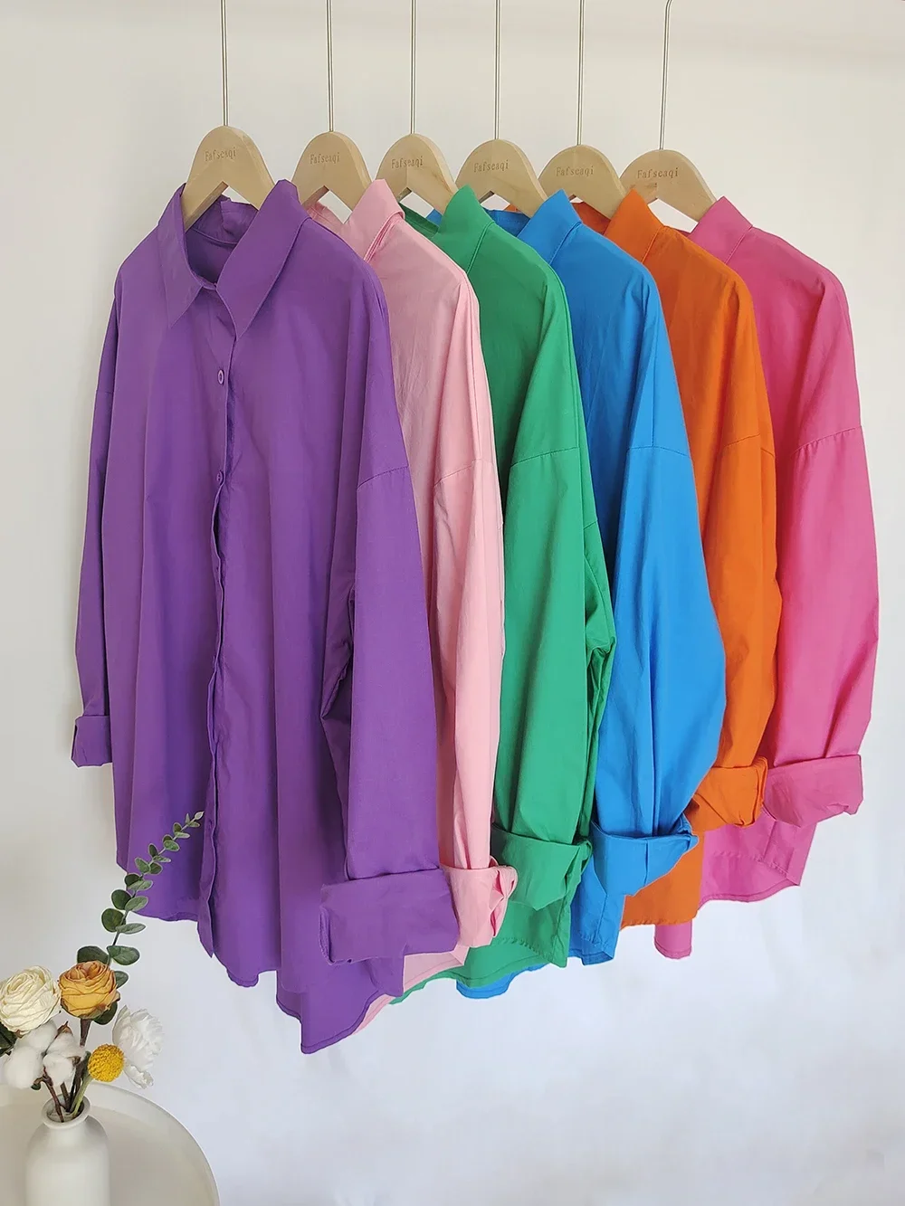 New Orange Oversize Cotton Shirt for Women Summer Candy Color Basic Button Down Blouses for Women Fashion 2024 Long Sleeve Tops