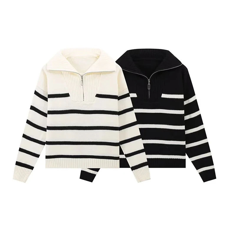 YENKYE Women Zipper Striped Sweater Long Sleeve Lapel Collar Knit Pullover Female Autumn Winter Casual Crop Sweaters