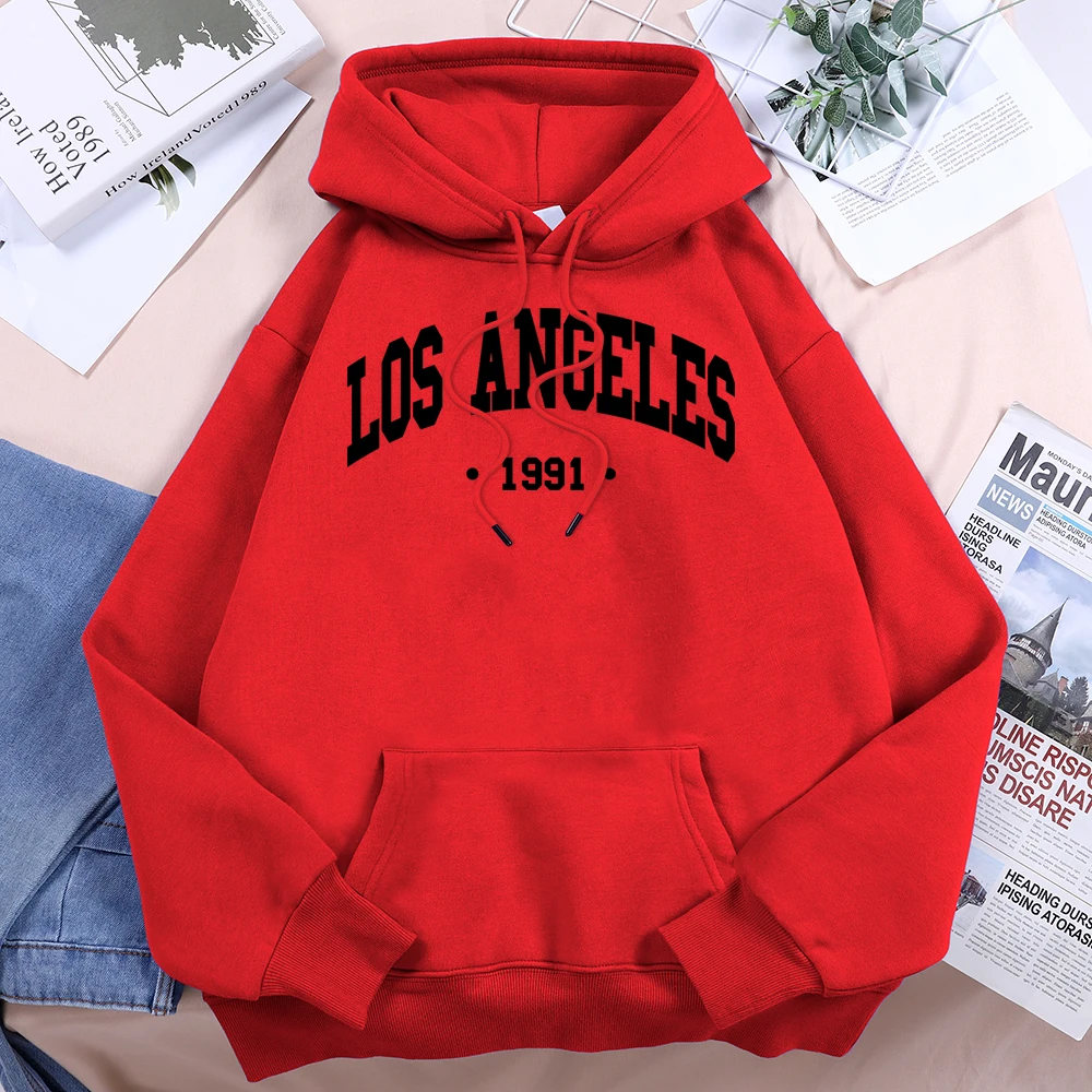 Los Angels 1991 Usa City Letter Print Women Hooded Fashion Novelty Hoodie Classic All Match Pullovers Loose Oversized Sweatshirt