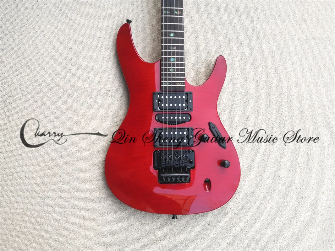 Ultra-thin Guitar 6 String Electric Guitar, Slim Guitar, Red Tiger Veneer Body, Tremolo Bridge, Black Buttons