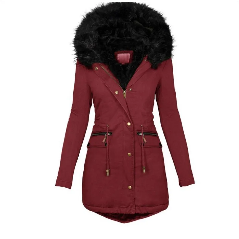 Women's Clothing Autumn/Winter for Europe and America Solid Color Faux Fur Collar Hooded Mid-length Thick Cotton Coat for Women