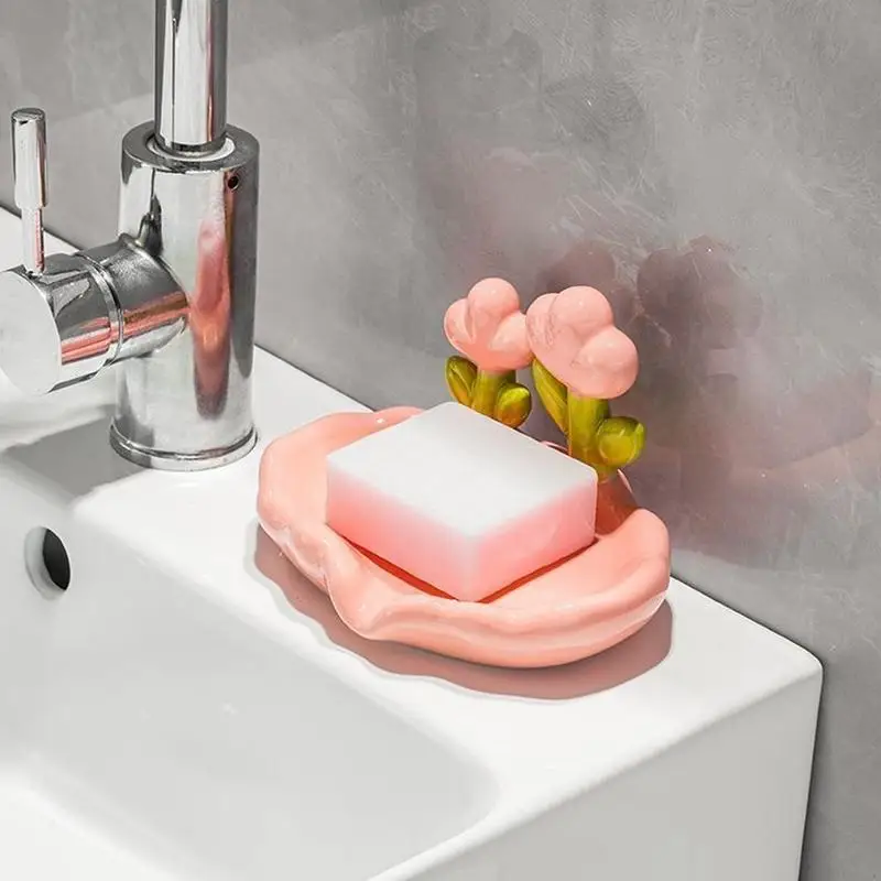 Soap Dish With Drain Kitchen Flower Design Sink Tray Bathroom Supplies Organizing Storage With Drainage Holes Anti-Slip For