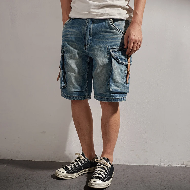 

Trendy Men's Denim orts Casual Loose Fit Summer Outerwear Vintage American Workwear Multi-ket Five-Quarter Mid-Pants