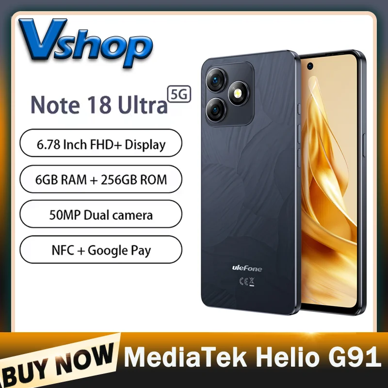 Ulefone Note 18 Pro Smartphone 6GB+256GB 6.78'' Android 14 MediaTek Helio G91 5450mAh 64MP Main Cameras 18W NFC 4G Cellphone