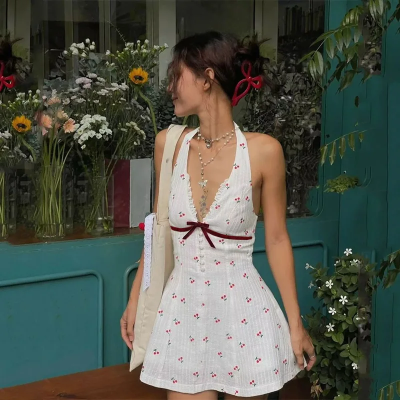

Summer New Short Skirt Sweet And Spicy Deep V-breasted Backless Cherry Print Cinched Waist Hanging Neck Dress For Women