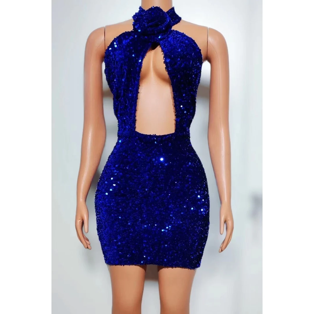 

Women Sexy Halter Sleeveless Hollow Mini Dress Backless Sparkling Sequins Stage Performance Costume Bar Club Evening Dresses