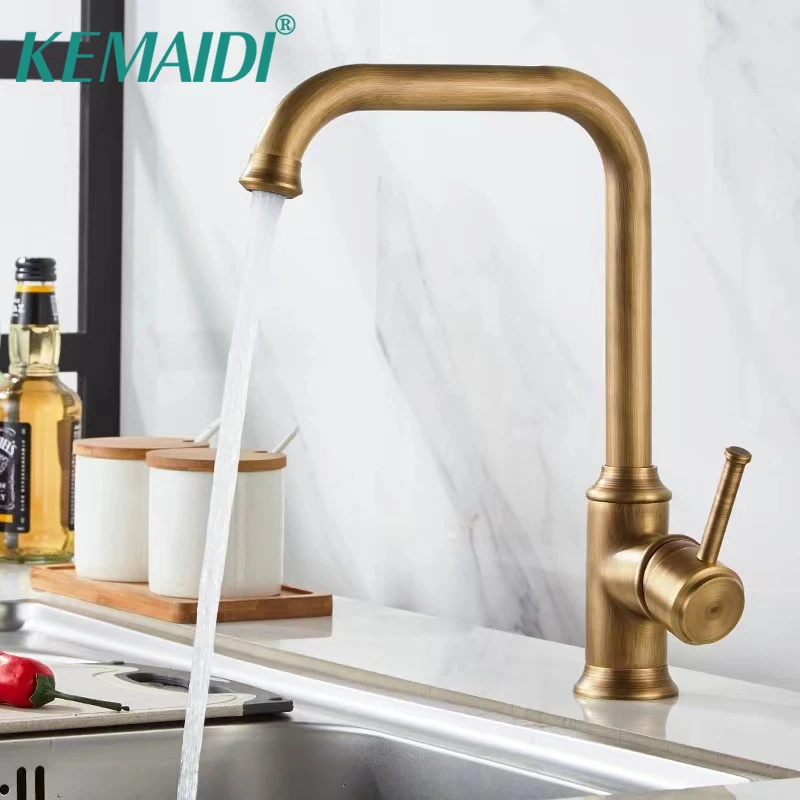 

KEMAIDI Antique Brass Kitchen Faucets Single Handle Single Hole Faucets Hot Cold Water Mixer Tap for Kitchen and Bathroom Taps