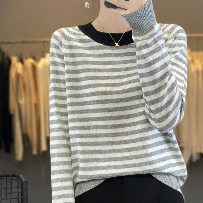 Daily Casual Style Striped Design Double-Strand Worsted Wool Top 24 Spring and Autumn New round Neck Sweater