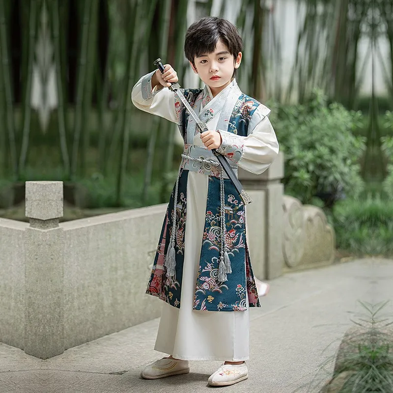 Traje Tang de caballero tradicional chino para niños, traje de escenario Hanfu mejorado, moda para niños, traje guapo de alta calidad