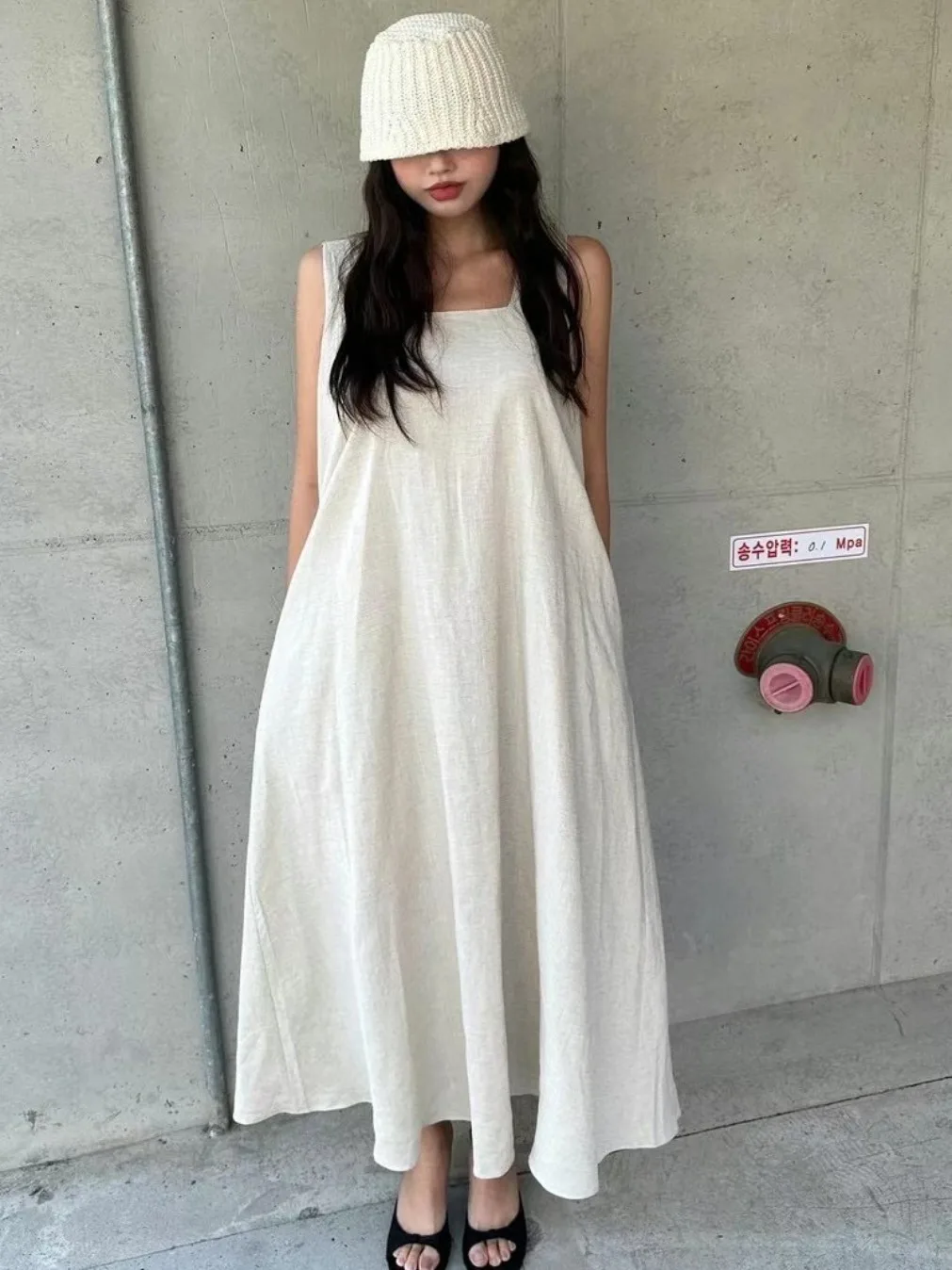 

Summer Chic Vintage Simple Square Collar Loose Casual Cotton Linen Svel Maxi Dr Women's Vest Dr Sweet Sle