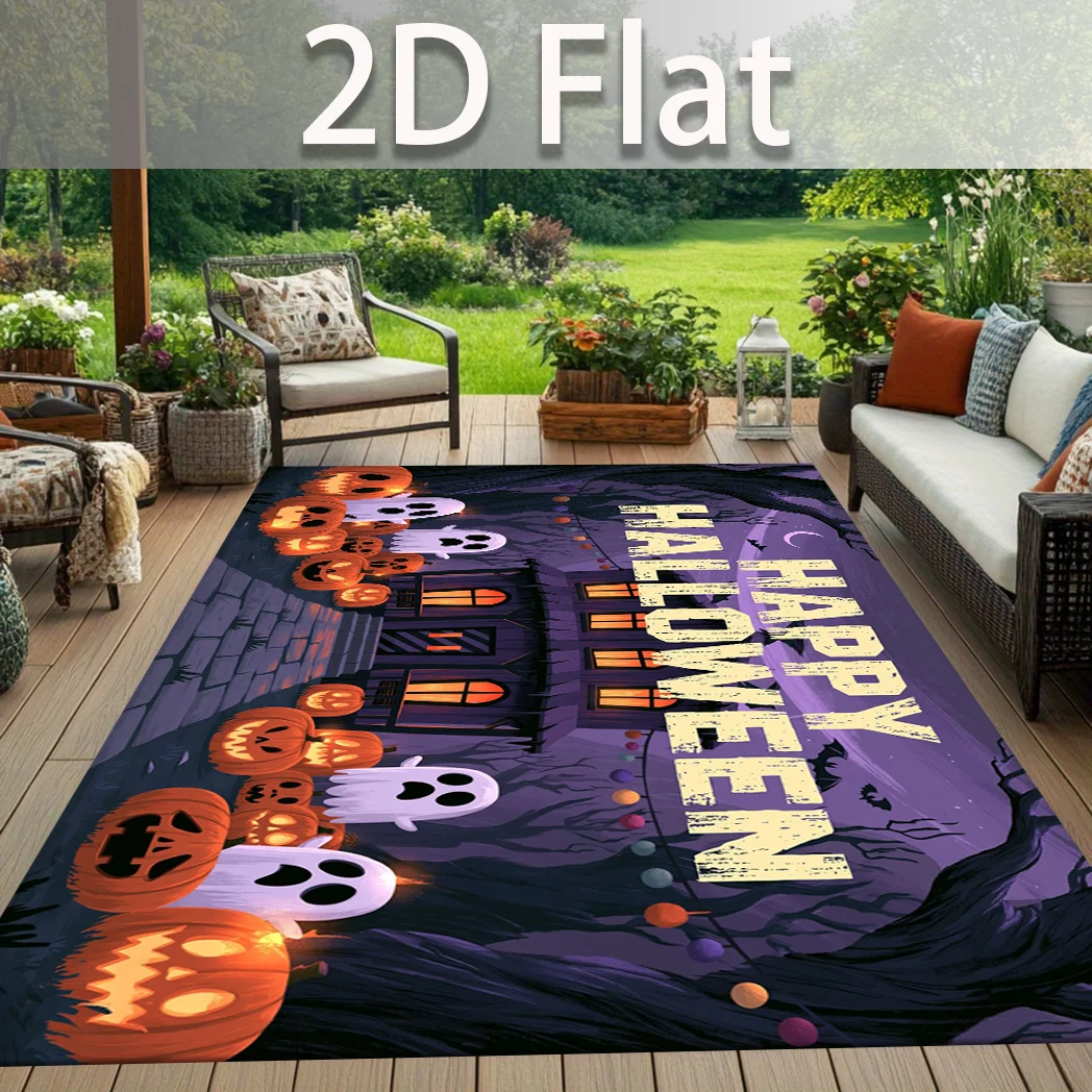 Cartoon Halloween Element Rectangle Area Rug,Pumpkin Black Cat Ghost Crow Magic Bottle Printed Floor Carpet,Spooky Living Room