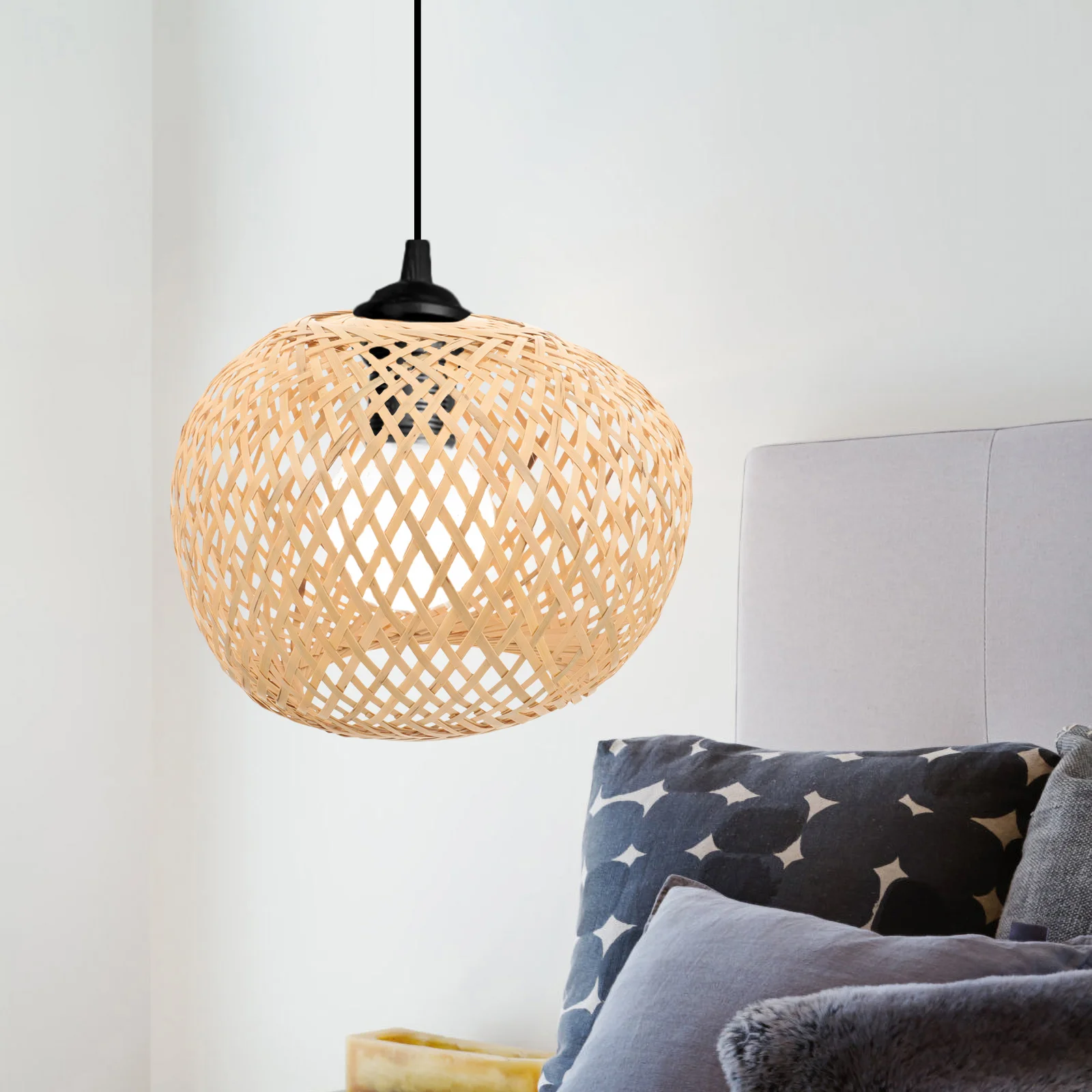 

Bamboo Lampshade Woven Rattan Pendant Vintage Decor Shades Cover Light Weight Compact Size Bedroom Living Room Study Office