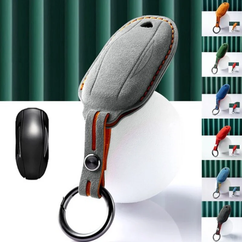 

A+ Suede Leather Car Remote Key Fob Case Cover Holder Bag For Tesla Model 3 Model S