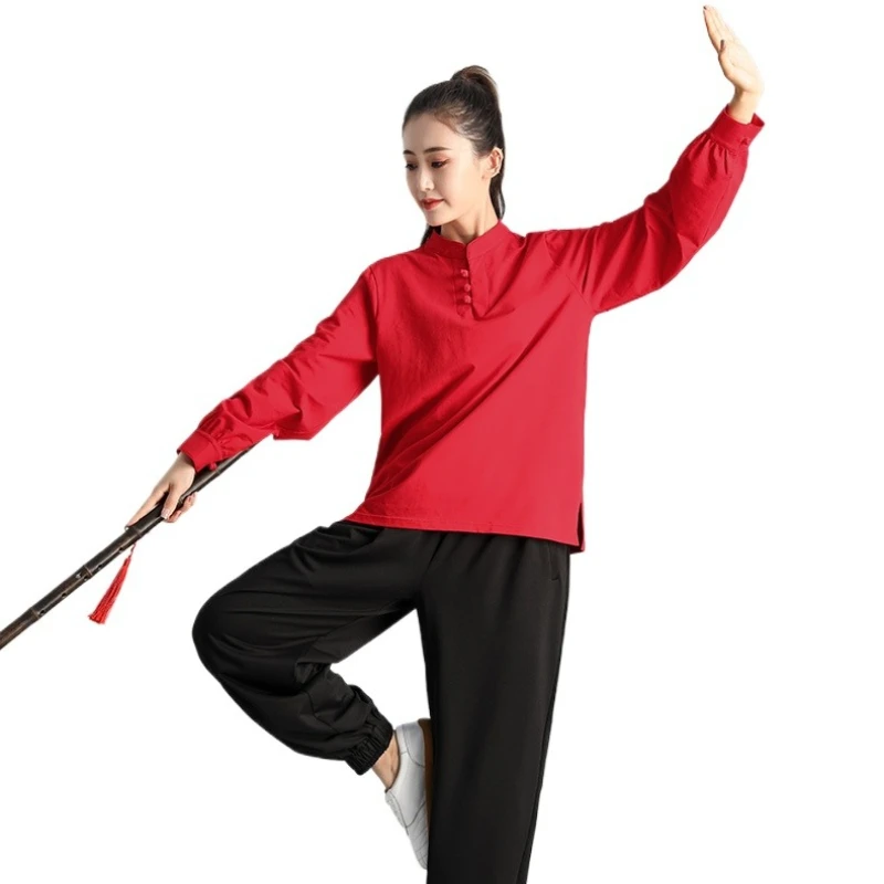 

Tai Chi Long Sleeved Men's and Women's Tai Chi Boxing Cotton T-shirt Pure Color Cotton