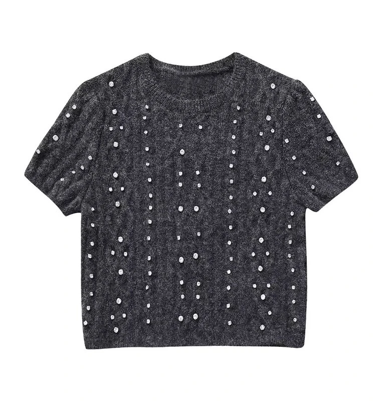 

Winter New Women's Knitted ort Top Beaded Versatile Design Sweet Sle Nylon Fabric ort Sve ort Length 43340 802