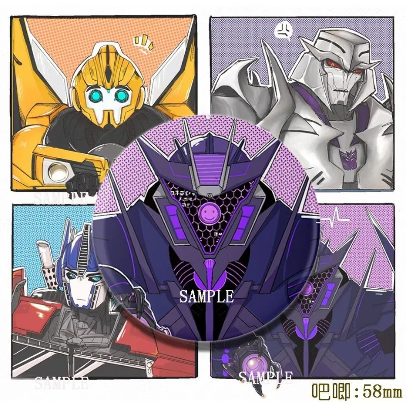 変身周辺バッジ 4 個: オプティマスプライム バンブルビー、メガトロン ロボット 学生ギフト スクールバッグペンダント 58mm