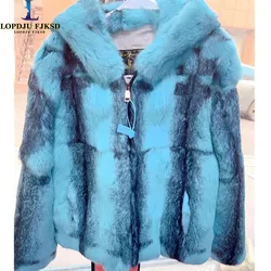 Real Rabbit Fur Coat for Women, Thick Warm Hooded Jacket, Loose Short Overcoat, Female Clothing, New England Style, Winter