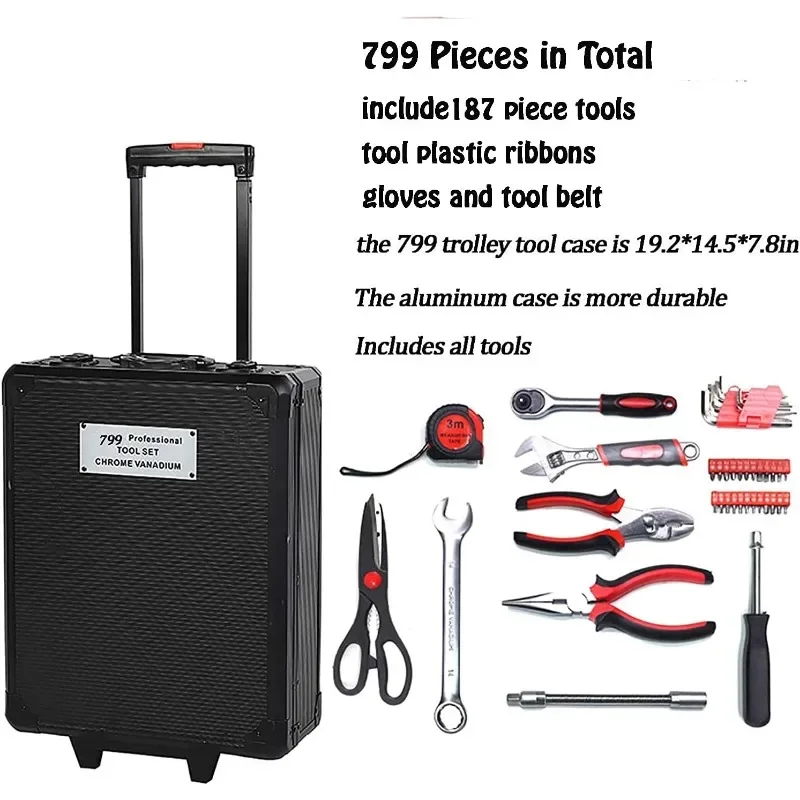 799pcs Aluminum Trolley Case Tool Set Silver, House Repair Kit Set, Household Hand Tool Set, with Belt