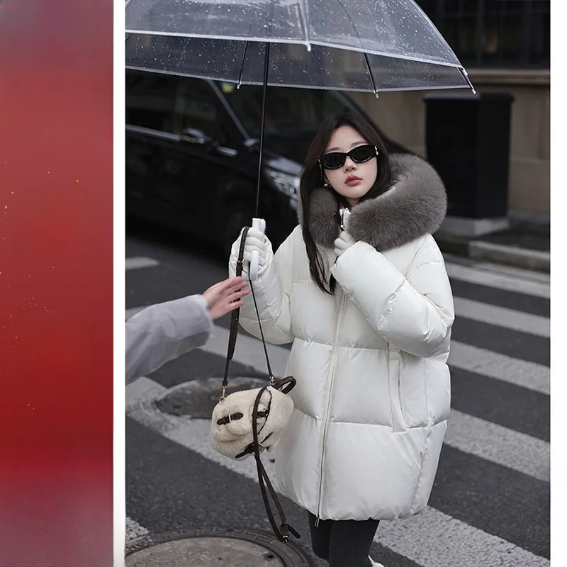 

Bebi 90 White Duck down Jacket Fur Collar Hooded Warmth Women's Korean Style Commute Fashion Thickened Long Sleeve Coat
