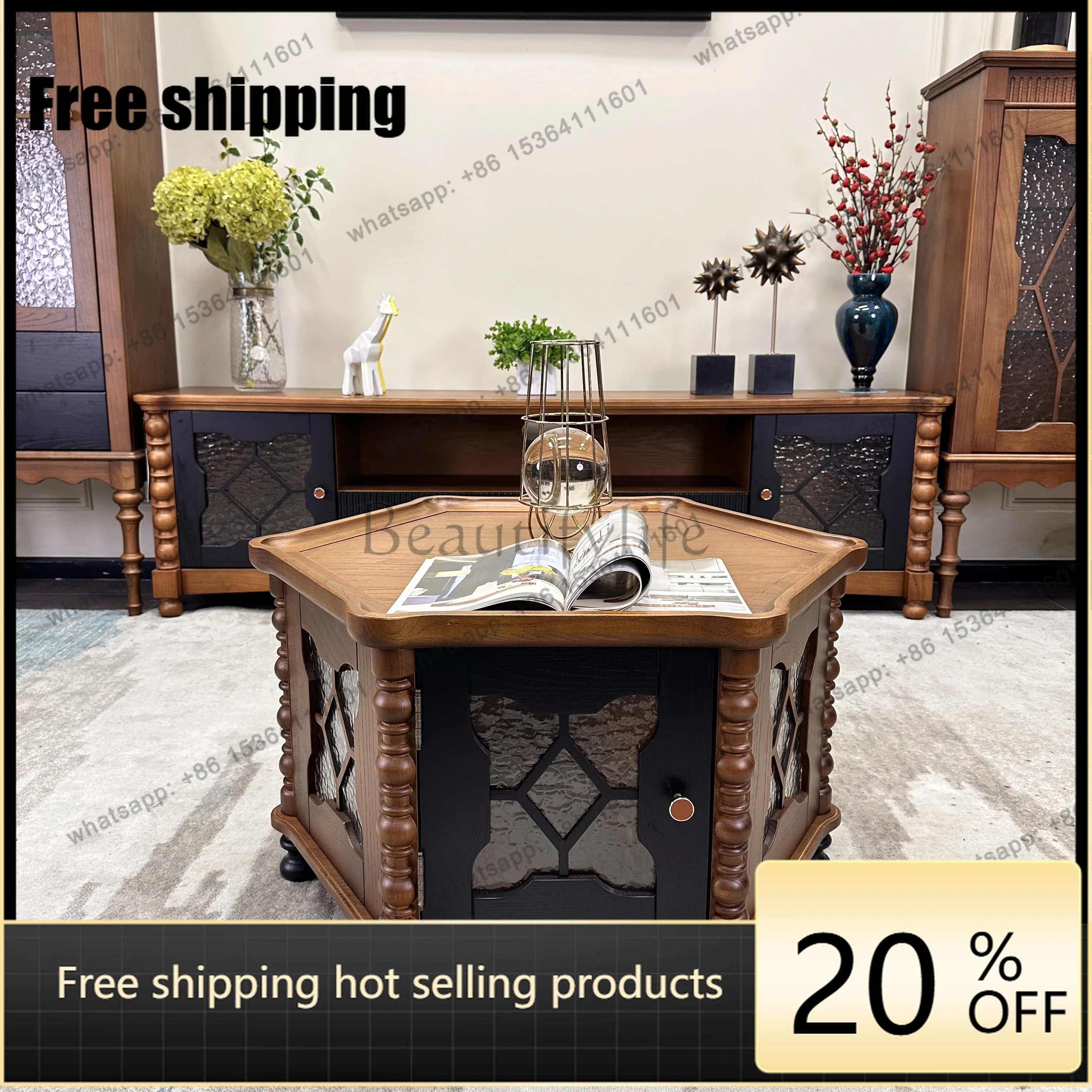XX medieval solid wood hexagonal coffee table living room home tea table French small table