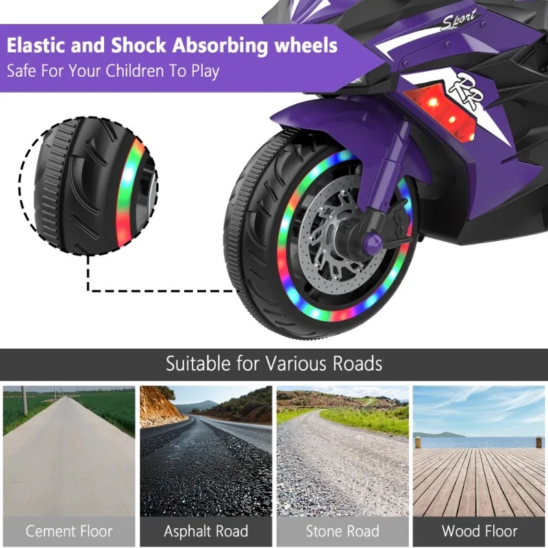 Motocicleta infantil de 12 V, motocicleta eléctrica de 3-4 años, motocicletas violetas para niños hacen uso completo de USB y MP3