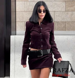 TRAFZA Women Fashion Velvet Blazer Skirt Set Slim Buttons Blazer+Low Waist Skirt with Belt New Spring Fall Y2K Vintage Skirt Set