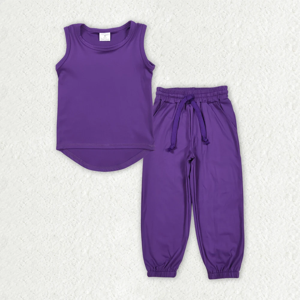 

GT0996+P0670 Wholesale baby girl clothes purple sleeveless vest yoga top pants sets Summer Boutique kids clothes girl sets