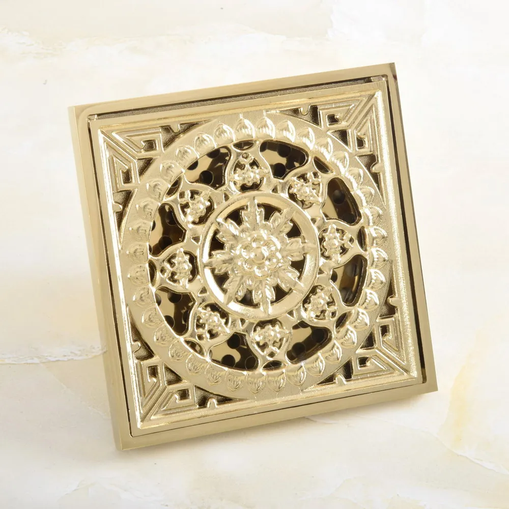 

Luxury Gold Color Brass Carved Flower Pattern Bathroom Shower Drain 4" Square Floor Drain Waste Grates ahr056