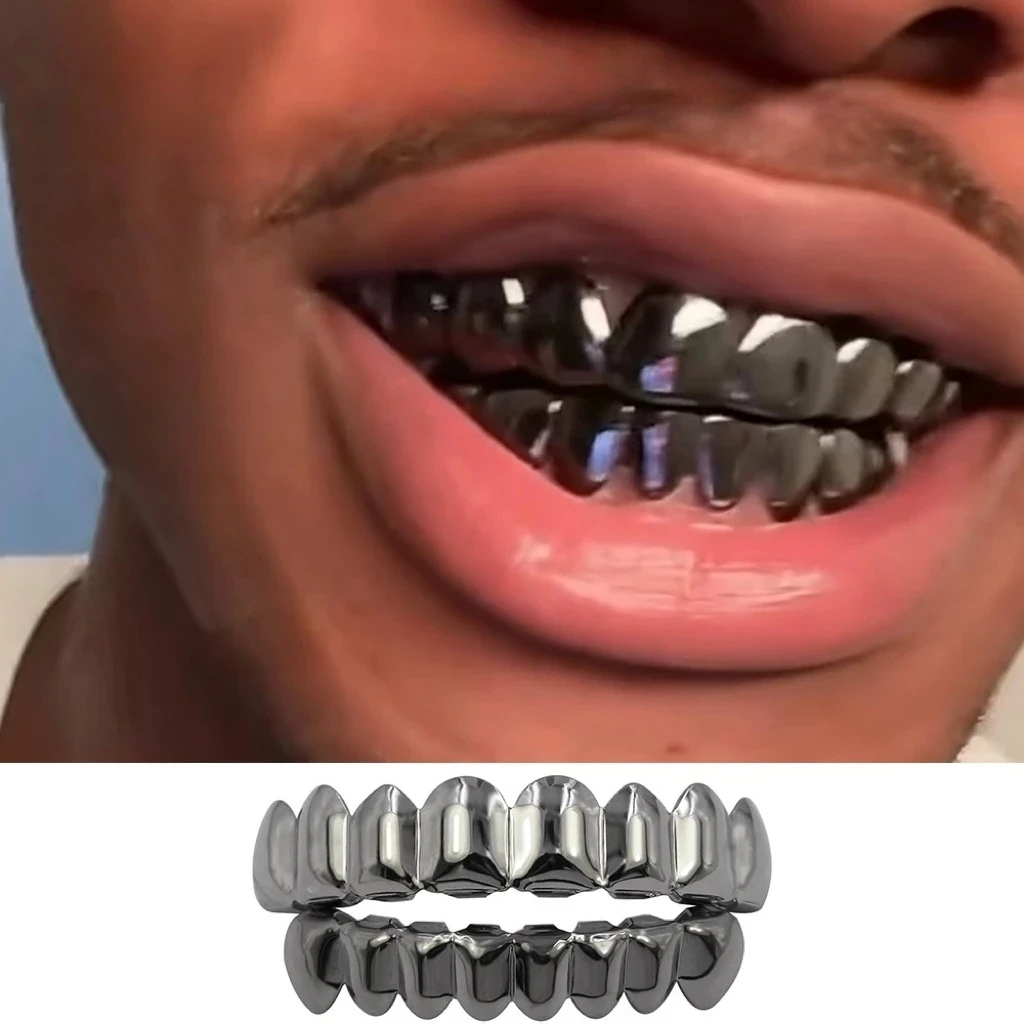 Black Color Top Bottom Teeth Grillz Hip Hop Glossy Tooth Caps Braces for Women Men Smooth Wearable Dental Grills Jewelry