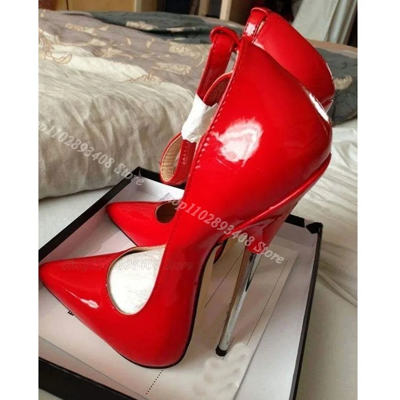 Red Patent Leather Ankle Buckle Pumps Metal Heels Solid Sexy Brtish Style Design for Party Dress Shoes 2024 Zapatos Para Mujere