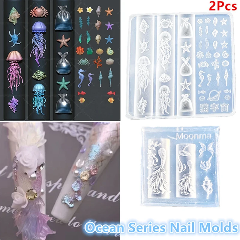 Nail Art Soft Silicone Mold Jellyfish Fishtail Molds 3D Silicone Carved Ocean Style DIY Nail Design Template Nail Accessories