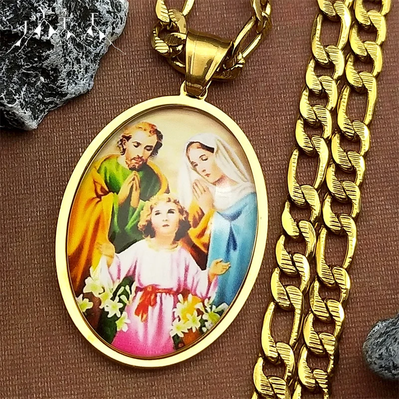 

Virgin Mary Jesus Oval Medal Pendant Necklace for Women Men Stainless Steel Gold Color St. Joseph Amulet Hip Hop Chain Jewelry