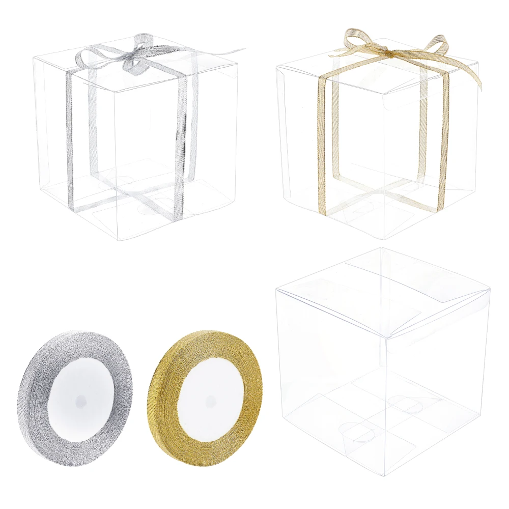 10pcs Clear Plastic Boxes Foldable Square PVC Box with Glitter Metallic Ribbon for Party Candy Gift Jewelry Display Storage Case