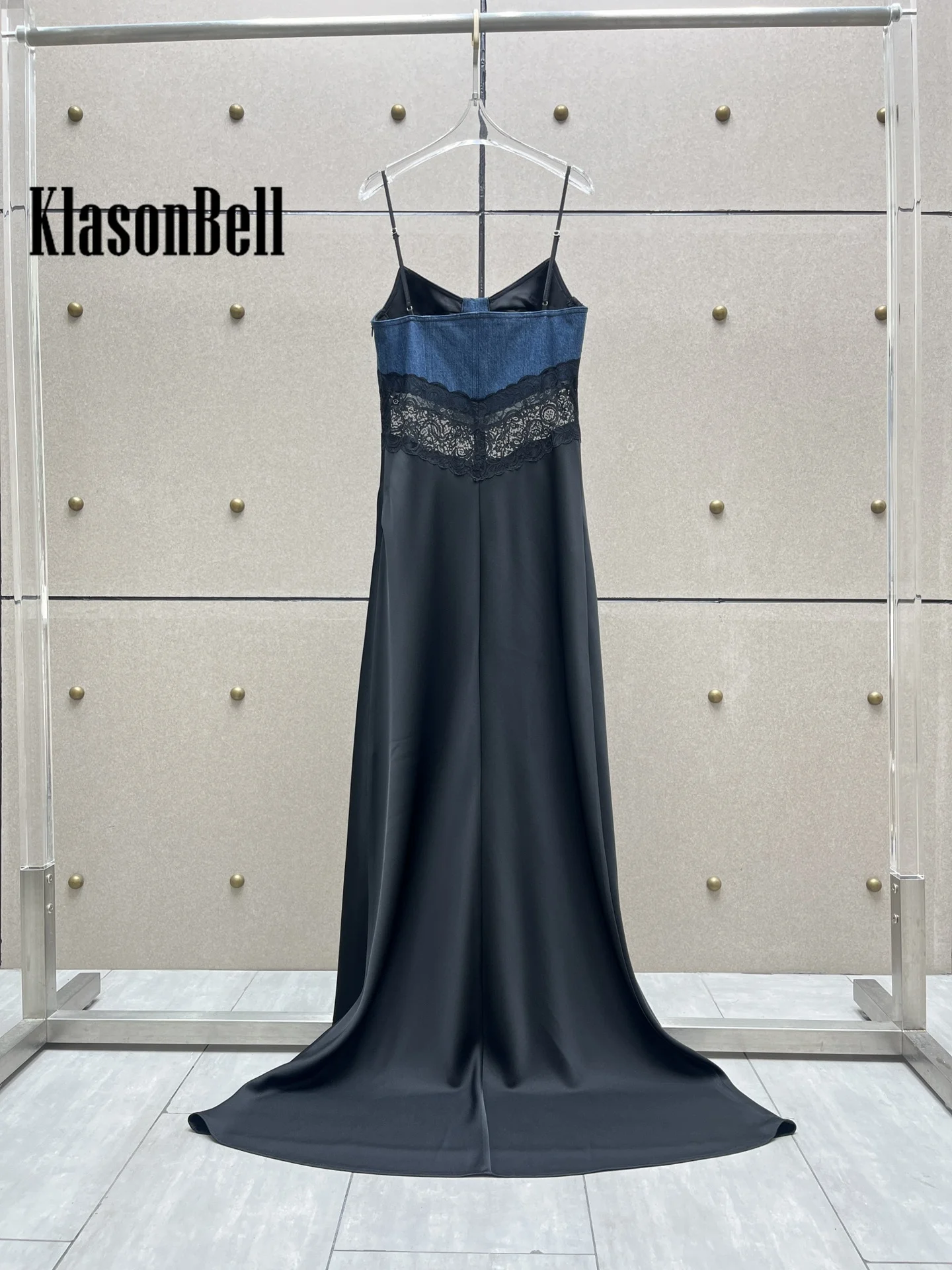 8.31 KlasonBell Women Fashion Denim Spliced Lace Maxi Evening Dress Elegant Sexy Strapless Spaghetti Strap Slim Banquet Dress