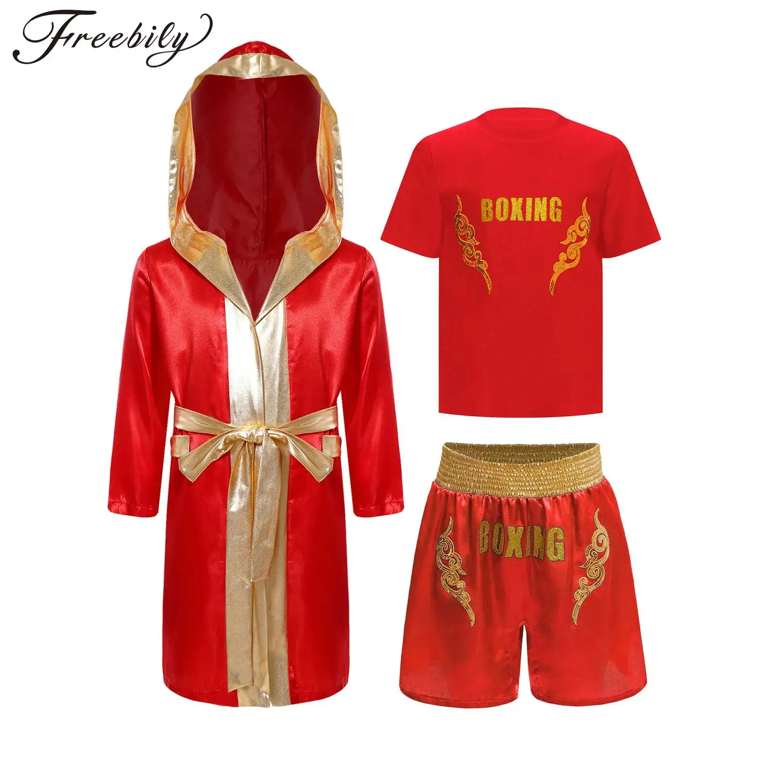 Kids Boys Boxing Costume Outfits Satin Sport Set Long Sleeve Hooded Boxer Cloak Robe with Boxing Tracksuit Shirts And Shorts