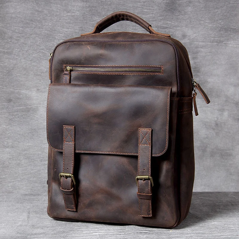 

Vintage Crazy Horse Genuine Leather Backpack Men Hiking Bagpack 15.6"laptop Backpack School Bag outdoor Travel Rucksack Large