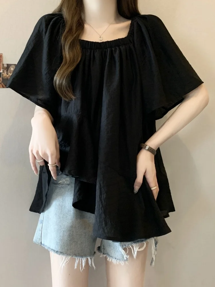 Loose Short Sleeve Chiffon Shirt Women Summer plus Size Conceal Belly Elegant Unique Super Beautiful Top Korean Style Commute