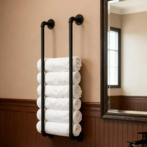 

36-Inch Black Industrial-Style Vertical Wall-Mounted Towel Rack For Bathroom Storage Organizer