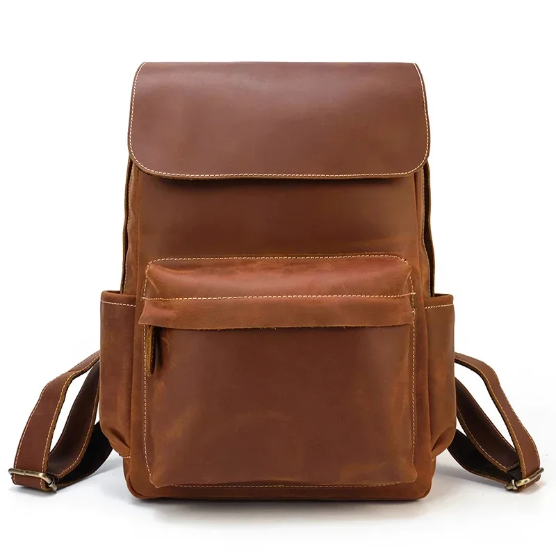 Mochila de couro genuíno masculino, Bolsa para laptop estilo vintage, Bolsa para computador de grande capacidade, estilo handmad, transporte da gota