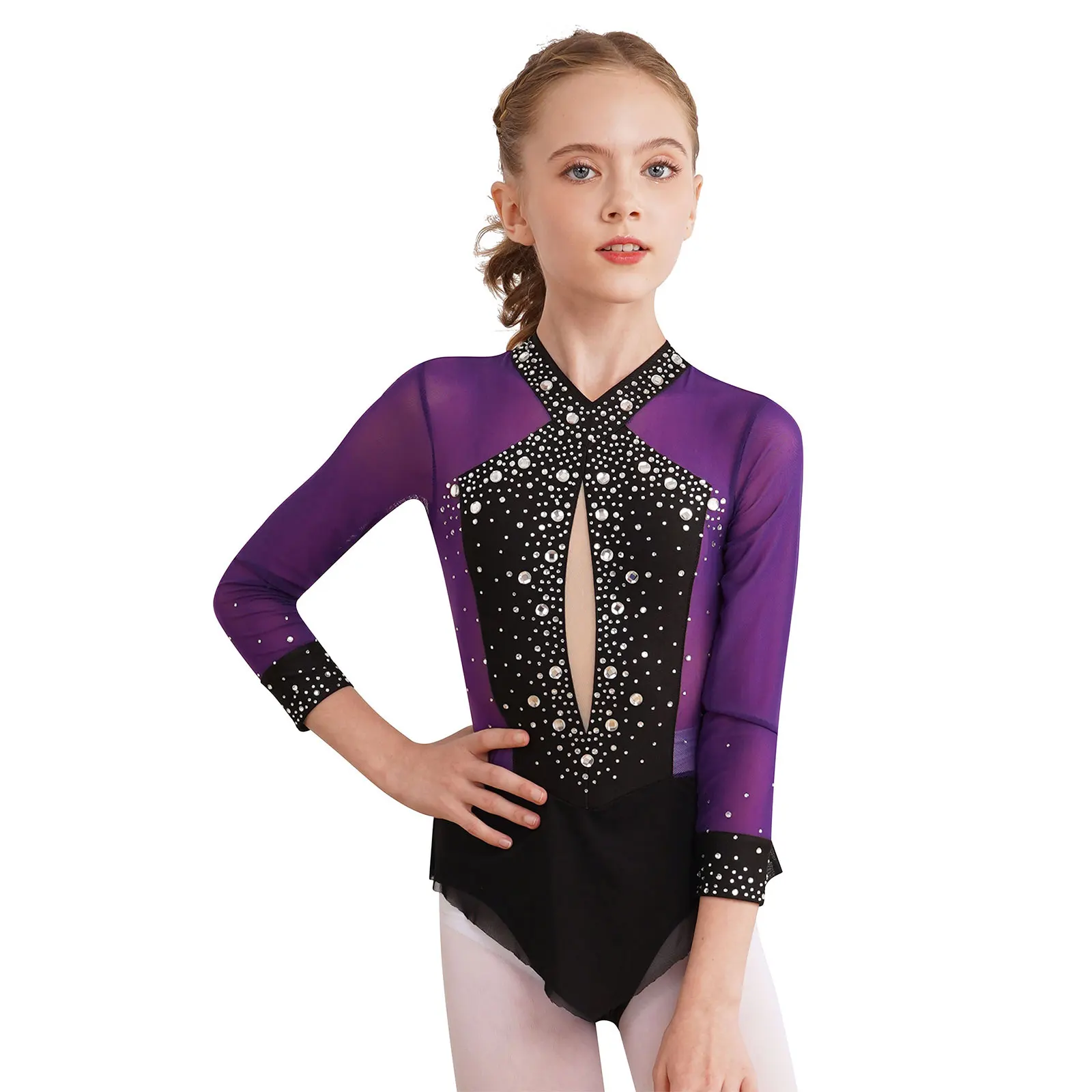 Children Gymnastic Leotards for Girls Kids Rhythmic Gymnastics Bodysuit Rhinestones Yoga Figure Skating Jumpsuit Ballet Clothes