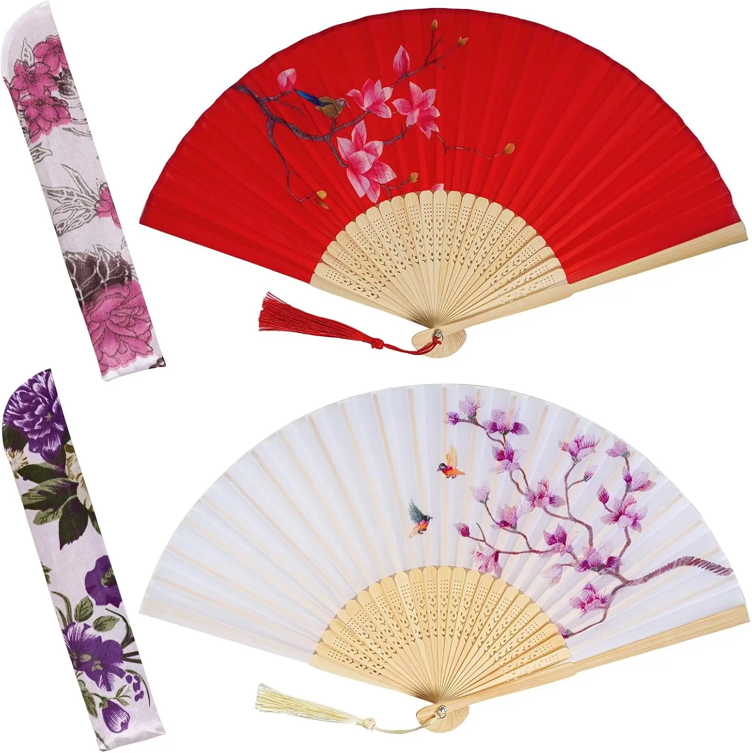 2-Pack Silk Handheld Folding Fans with Bamboo Frames - Red & White Floral Patterns for Dancing, Cosplay, Weddings & Party Decor