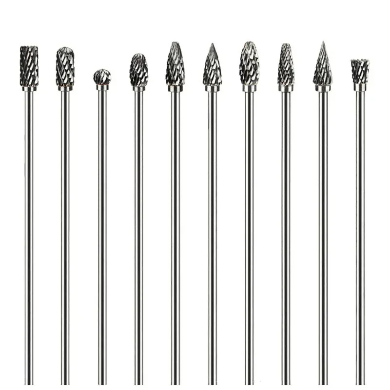 10pc 100mm Long Single/Double Cut Tungsten Solid Carbide Rotary Burrs Set   3*6mm  Drill Bit for Rotary Tools