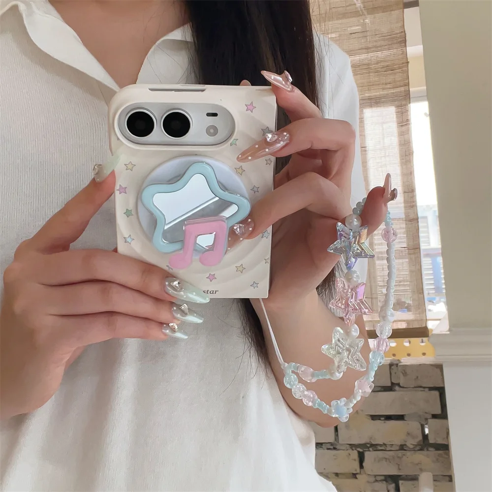 Korea Kawaii Cartoon Stars Magnetic stand Phone Case For iPhone Duo Cute Foldable Anti Drop Protection Cover Funda with Chain