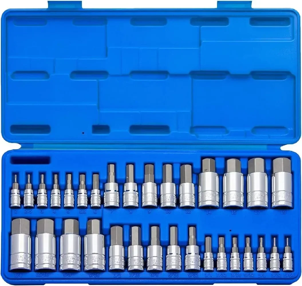 

10288A Allen Hex Bit Socket Set, 32 Piece SAE and Metric Allen Socket Set, Allen Head Hex Key Socket Set Made with S2 Steel